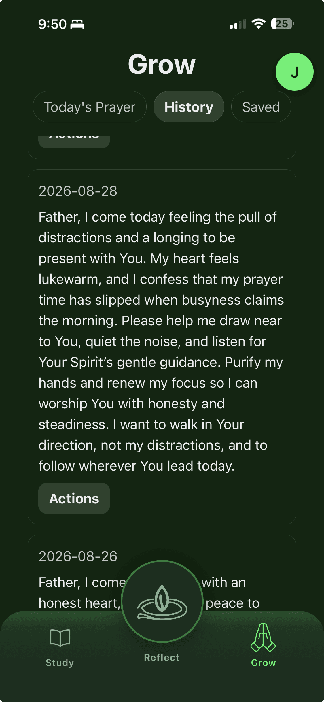 Cultivate Faith Grow screen displaying a personal prayer