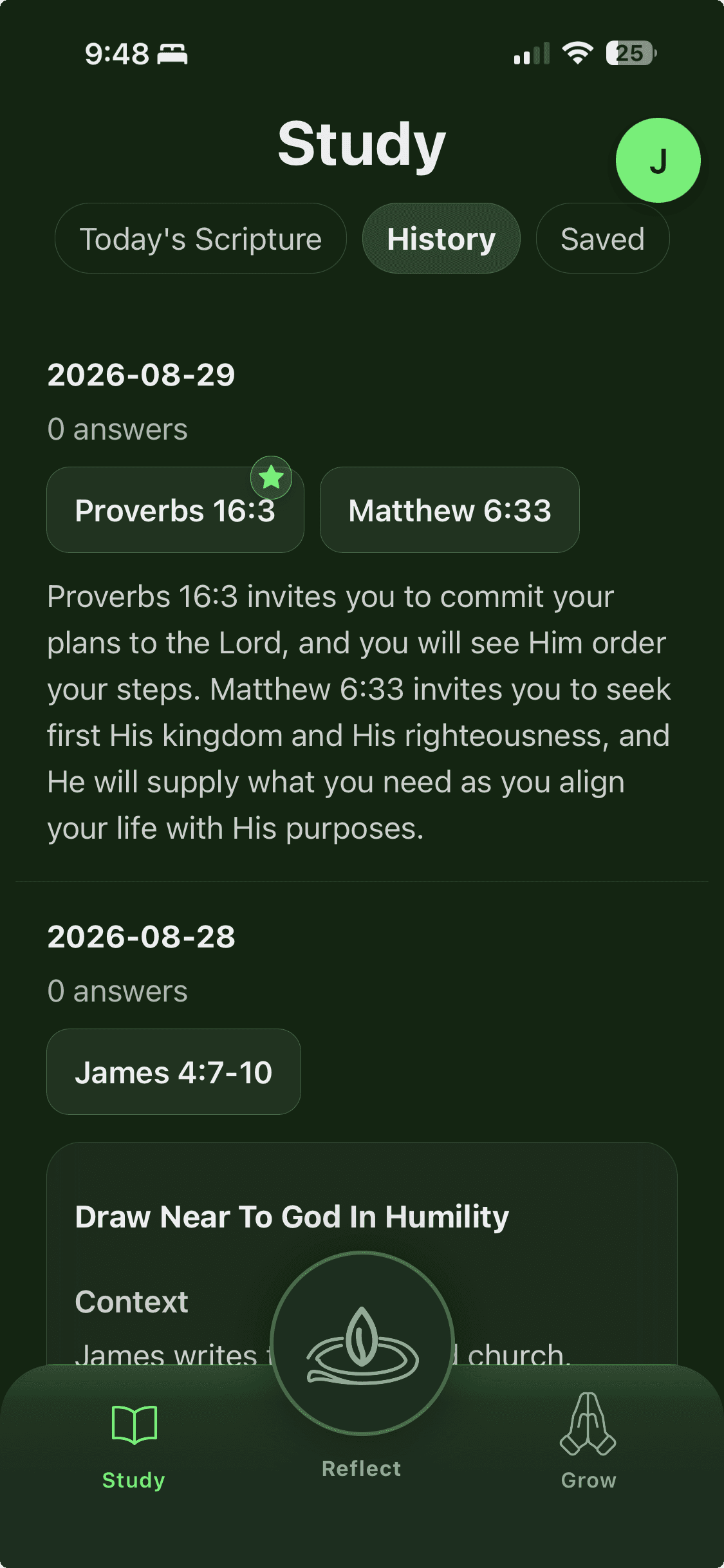 Cultivate Faith Study screen with recommended Scripture passages
